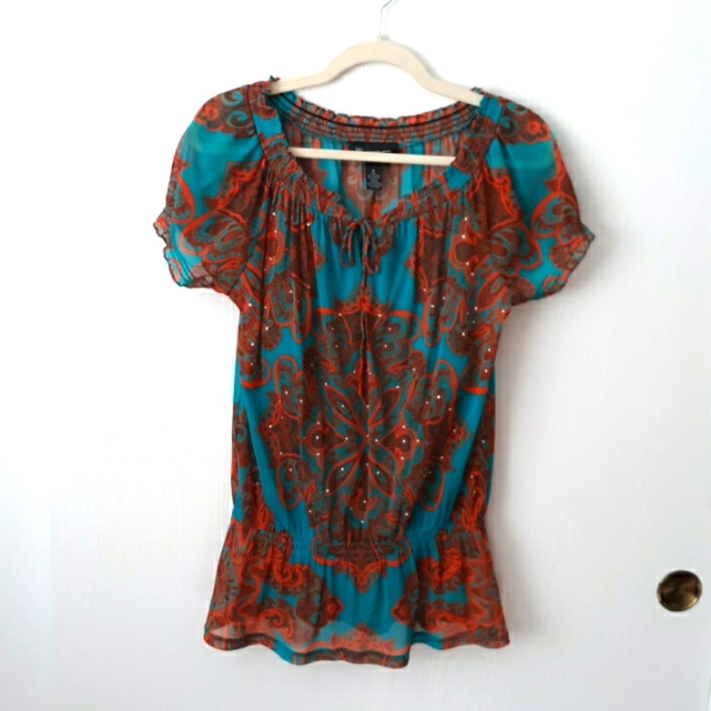 INC International Concepts Teal and Rust Paisley Short-Sleeve Blouse